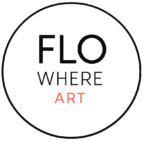 FLOWHERE.ART logo featuring a coral circular emblem with minimalist floral studio typography in white.